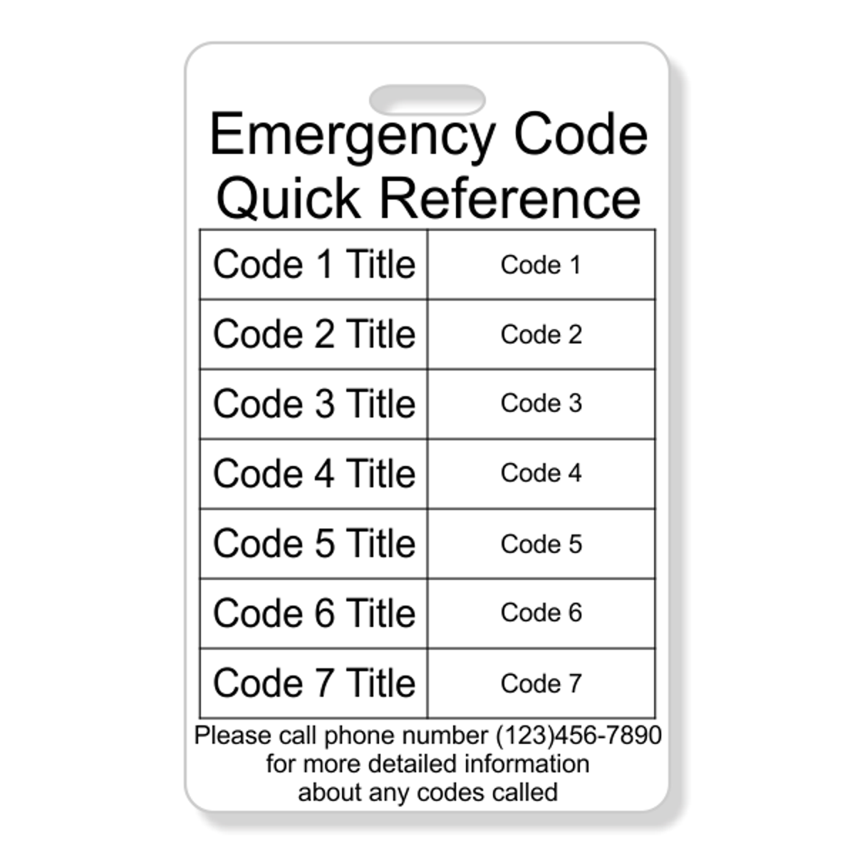 Emergency Code Vertical Wallet Reference Card