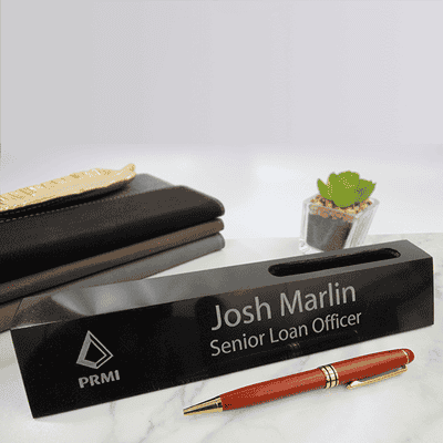 Engraved 2" x 10" Black Biz Card and Marble Desk Name Plate - alternate view