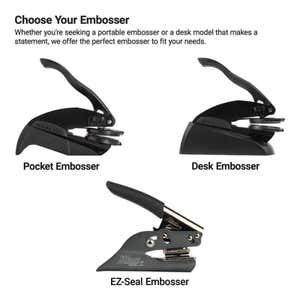 Comparison of pocket, desk, and EZ-Seal embossers for notary and document use. 