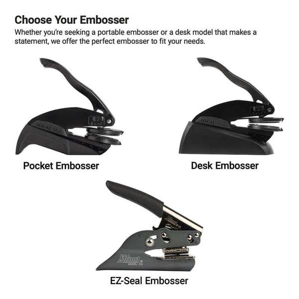 Comparison of pocket, desk, and EZ-Seal embossers for notary and document use. 
