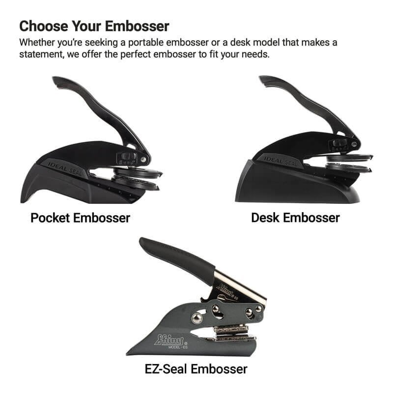 Comparison of pocket, desk, and EZ-Seal embossers for notary and document use. 