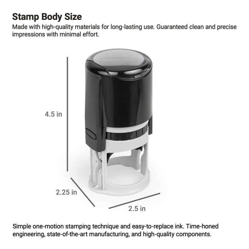 Notary stamp body dimensions showing height, width, and base size measurements.