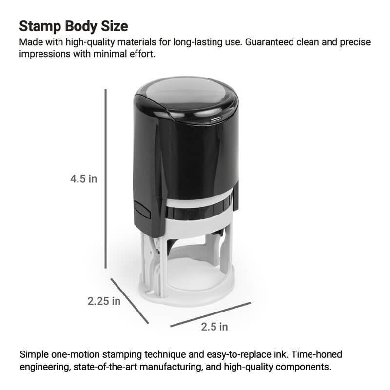Notary stamp body size chart with labeled height, width, and durable construction details.