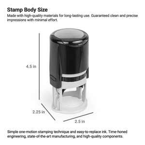 Notary stamp body size chart with labeled height, width, and durable construction details.