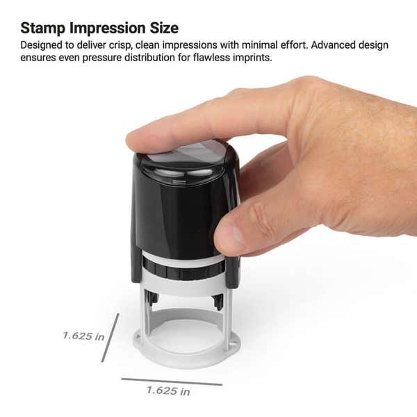 Close-up of a round notary stamp body with labeled dimensions.