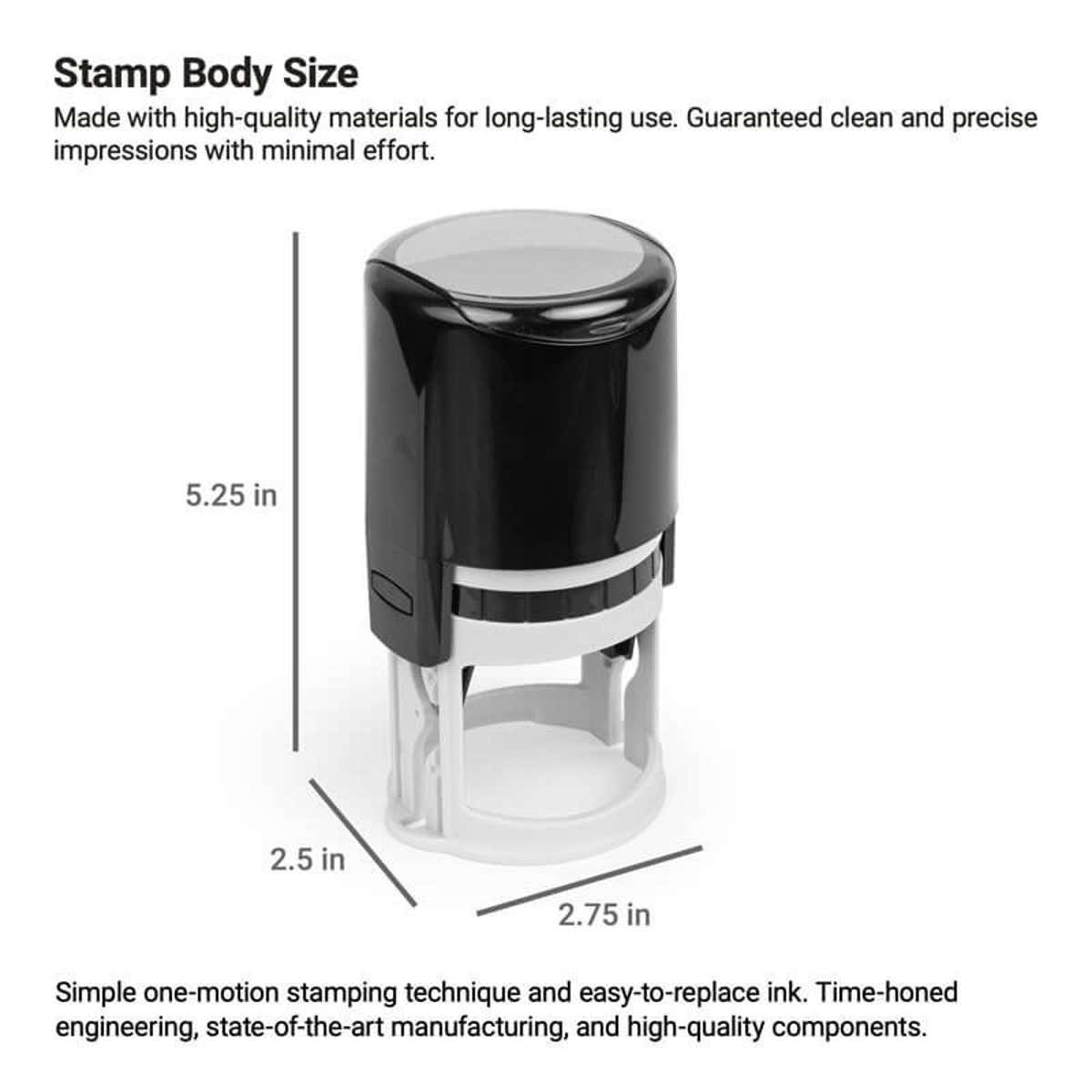 An infographic showing the dimensions of the self-inking stamp body