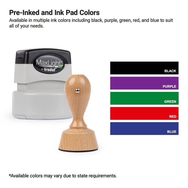 Pre-inked and wood-handled stamps with ink pad color options for notary use