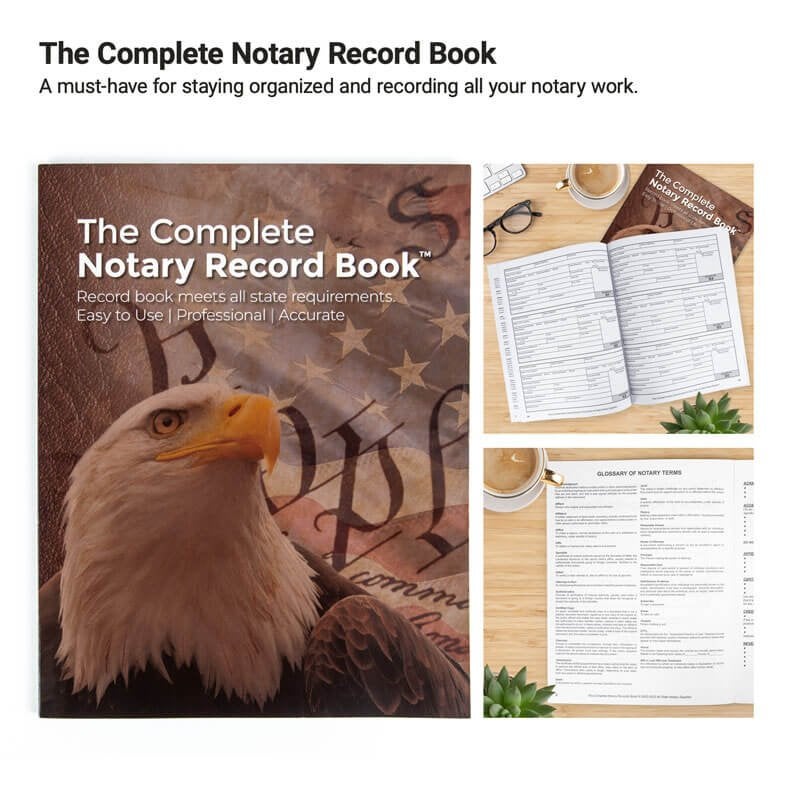 The Notary Record Book is shown with the front cover and log sections and a glossary of notary terms. 