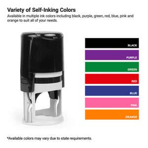 Self-inking stamp shown with seven ink colors.