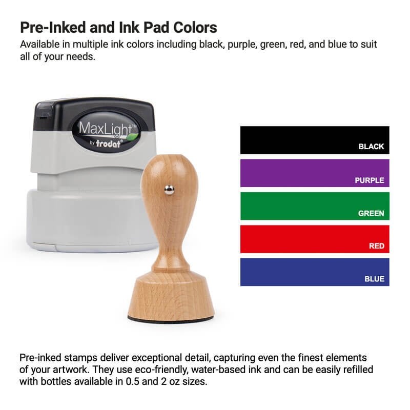 Colors to choose from for your pre-inking or wood handle stamp. 