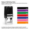 Self-inking stamp with 7 ink color options, including black, purple, red, green, blue, pink, and orange.