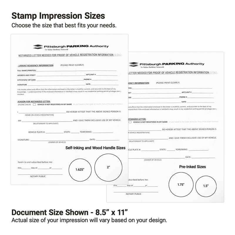 Notary impression size guide with sample round stamps on document forms