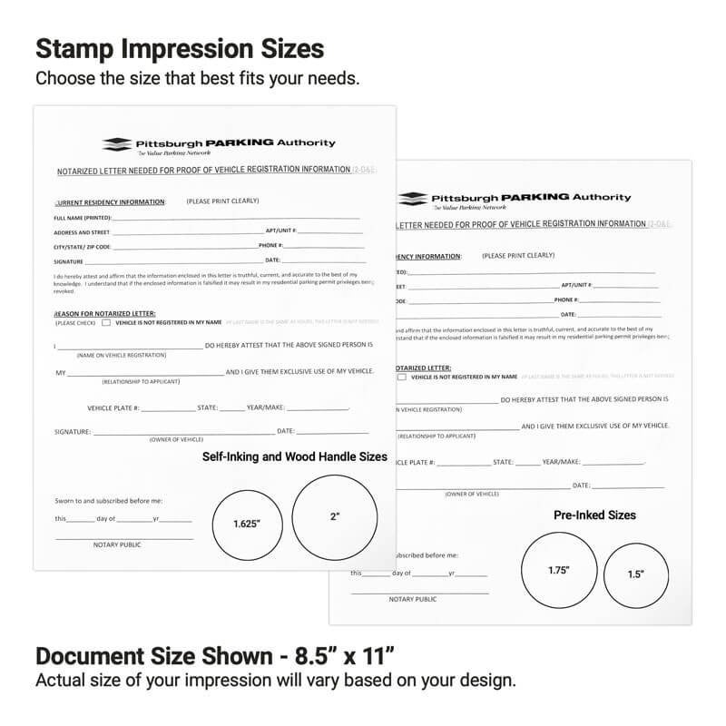 Stamp size guide showing four circular impression sizes. 