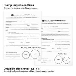 Stamp size guide showing four circular impression sizes. 