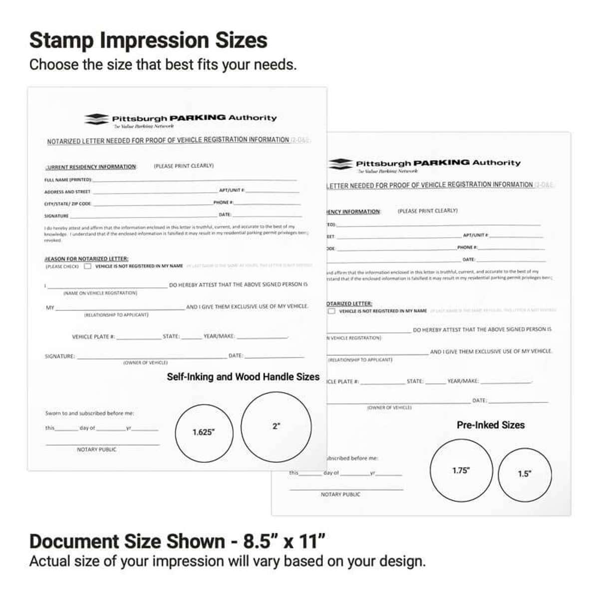 Stamp impression size chart with diameter options shown on notary documents.  