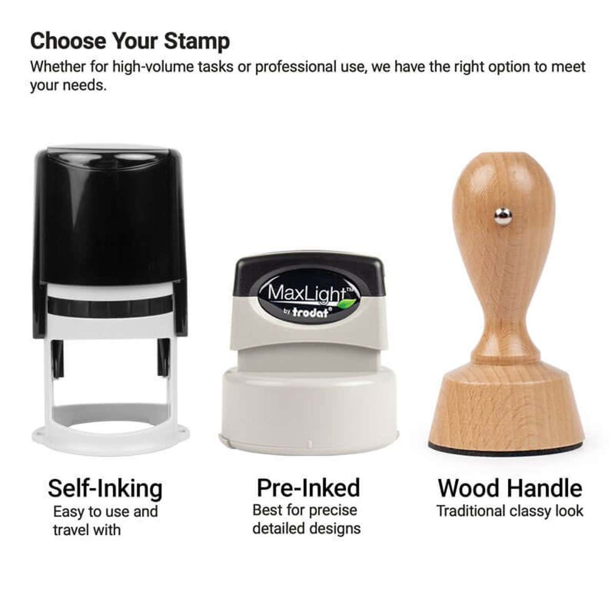 The self-inking, pre-inked, and wood-handled stamp bodies