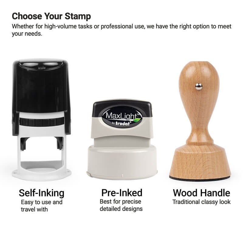 Comparison of three notary stamp types: self-inking, pre-inked, and traditional wood handle stamp options for professional use.