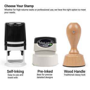 Self-inking, pre-inked, and wood handle notary stamp options.