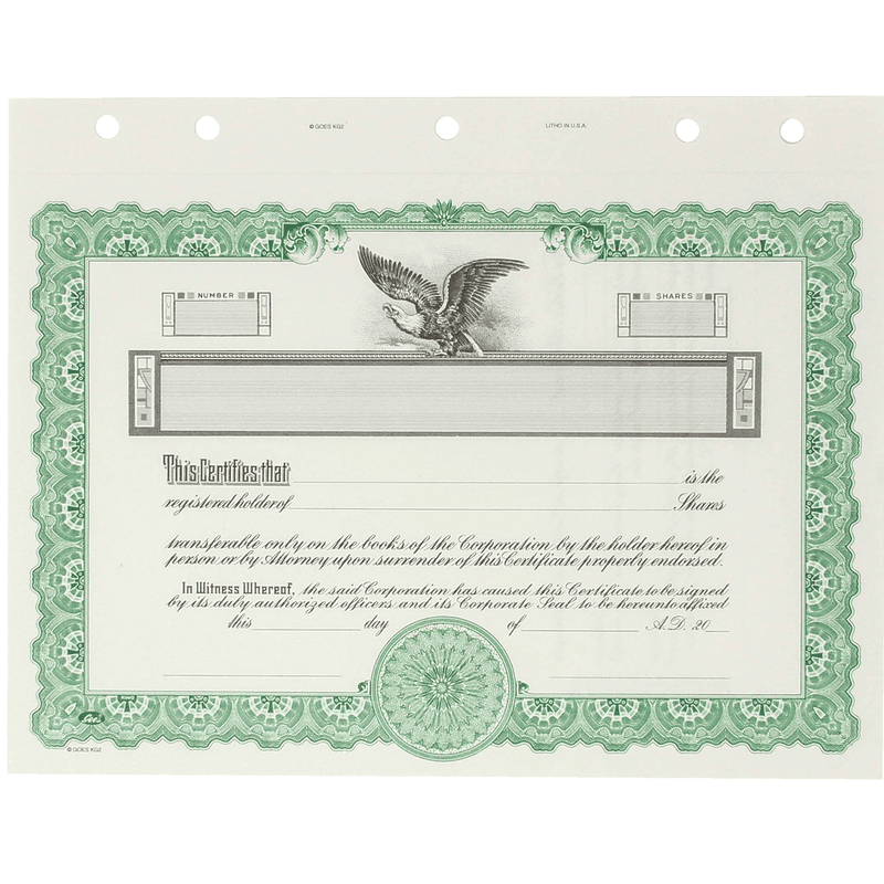 GOES KG2 Blank Corporate Stock Certificates