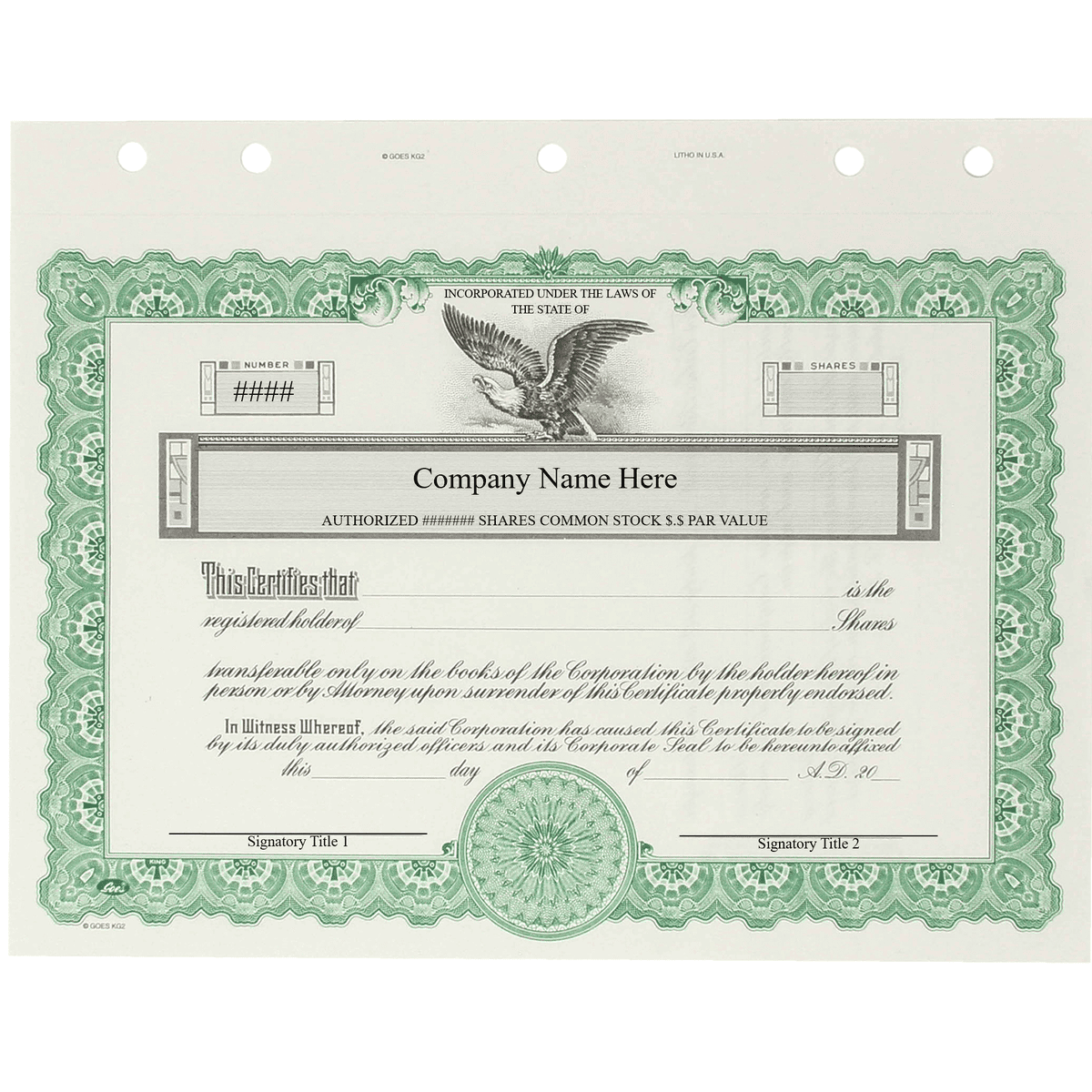 GOES KG2 Corporate Stock Certificates | Quantity 20 or More
