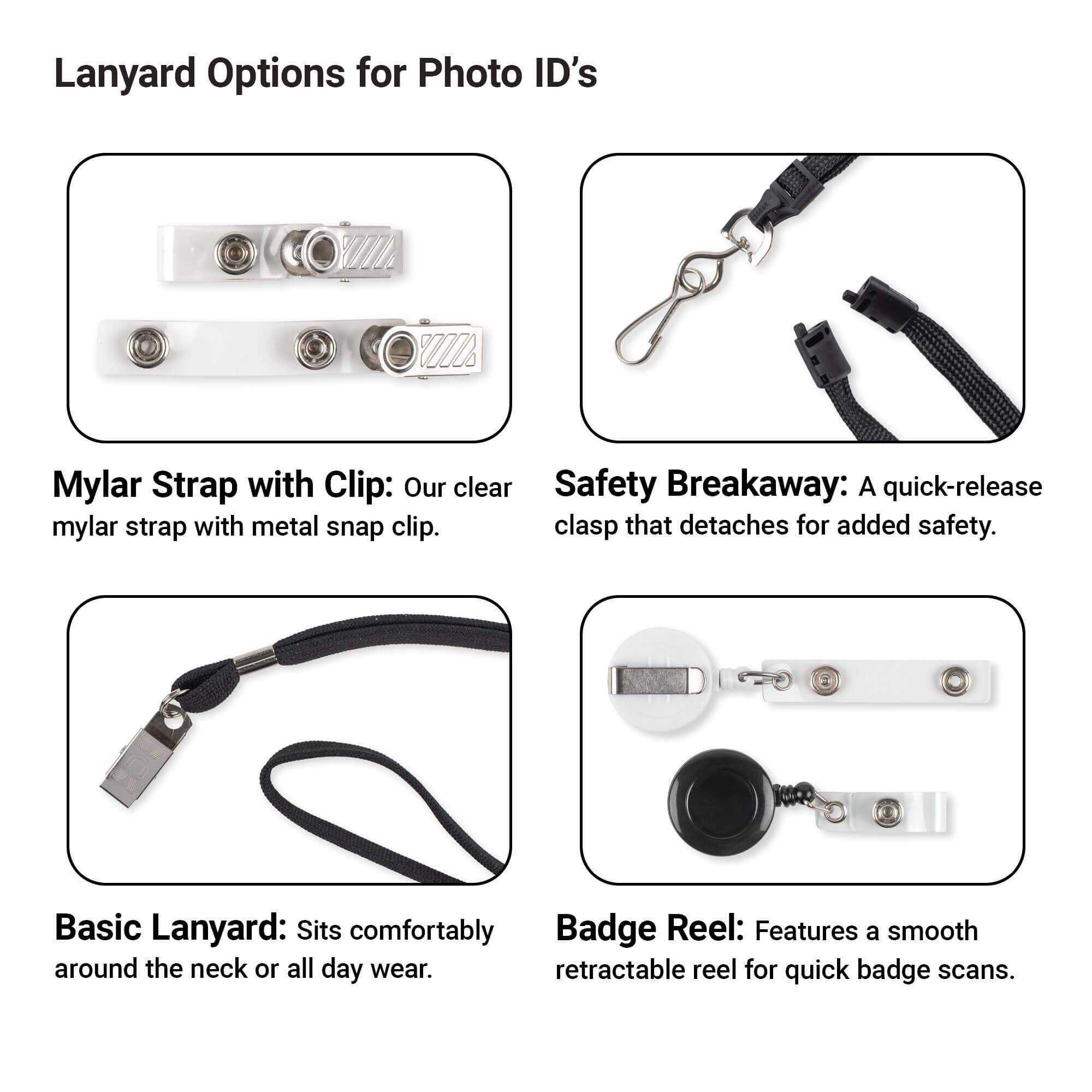 Options for Photo ID’s” showing four photo ID attachments: mylar strap with snap clip, safety breakaway lanyard with hook, basic black neck lanyard, and retractable badge reel with clear strap.