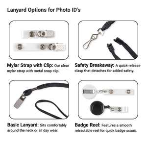Options for Photo ID’s” showing four photo ID attachments: mylar strap with snap clip, safety breakaway lanyard with hook, basic black neck lanyard, and retractable badge reel with clear strap.