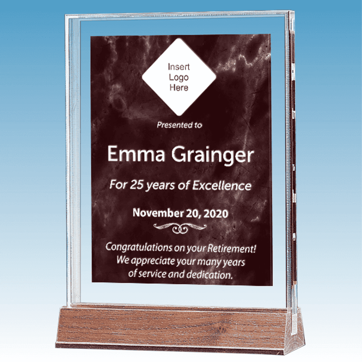 Retirement Recognition Marble Ruby Polished Acrylic Award on Walnut Base
