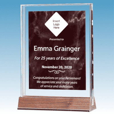 Retirement Recognition Marble Ruby Polished Acrylic Award on Walnut Base