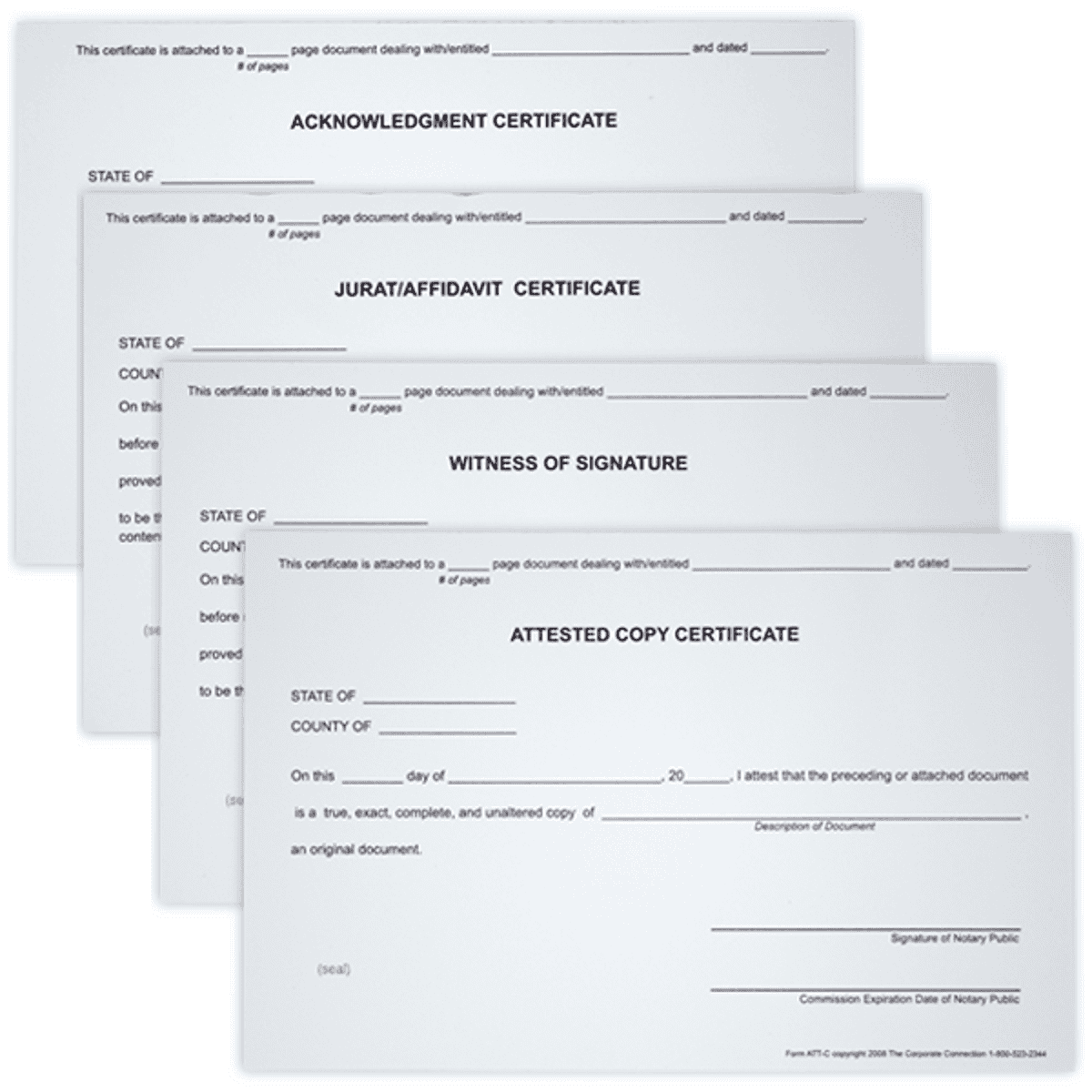 Set of 4 Notary Certificates - Witness, Acknowledgement, Attest, and Jurat
