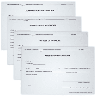 Set of 4 Notary Certificates - Witness, Acknowledgement, Attest, and Jurat