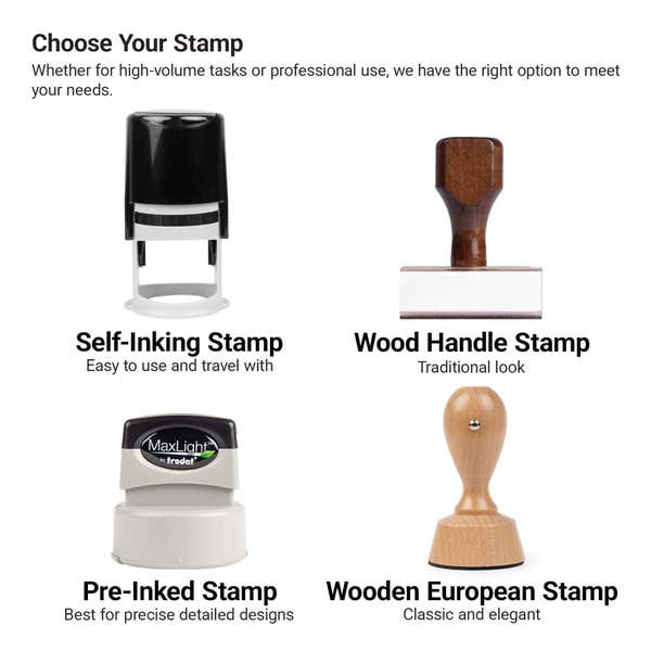 Comparison of self-inking, pre-inked, and wood-handle stamps for custom professional stamps.