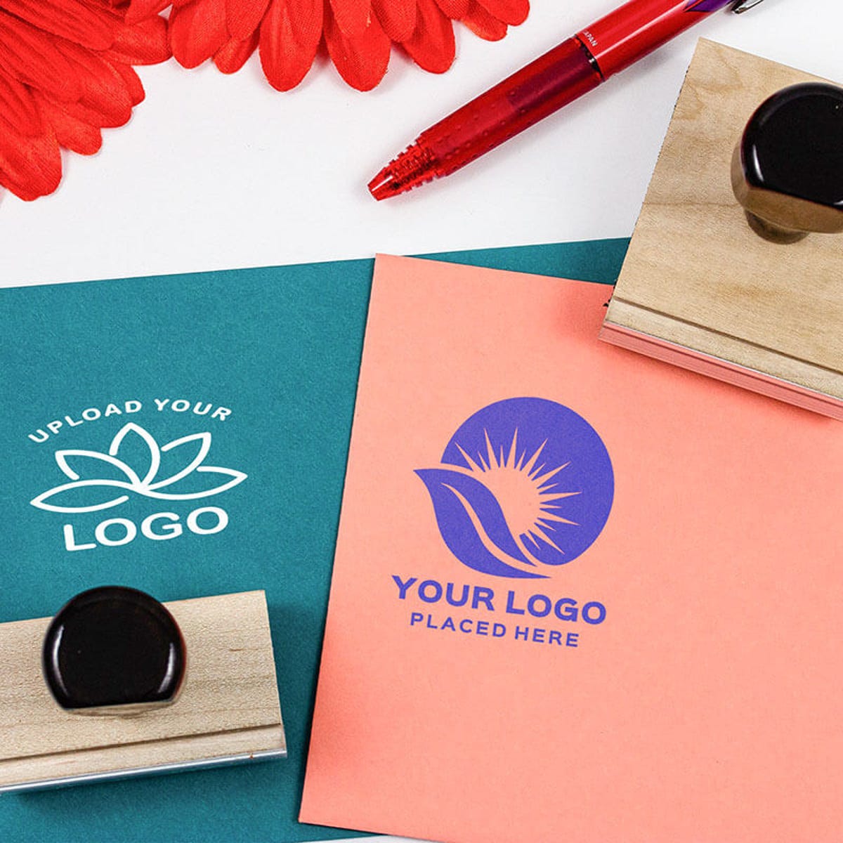 Exampes of the custom logo stamps on paper