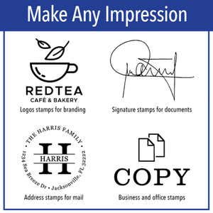Make any impression  graphic showing a logo, signature, address, and business stamp