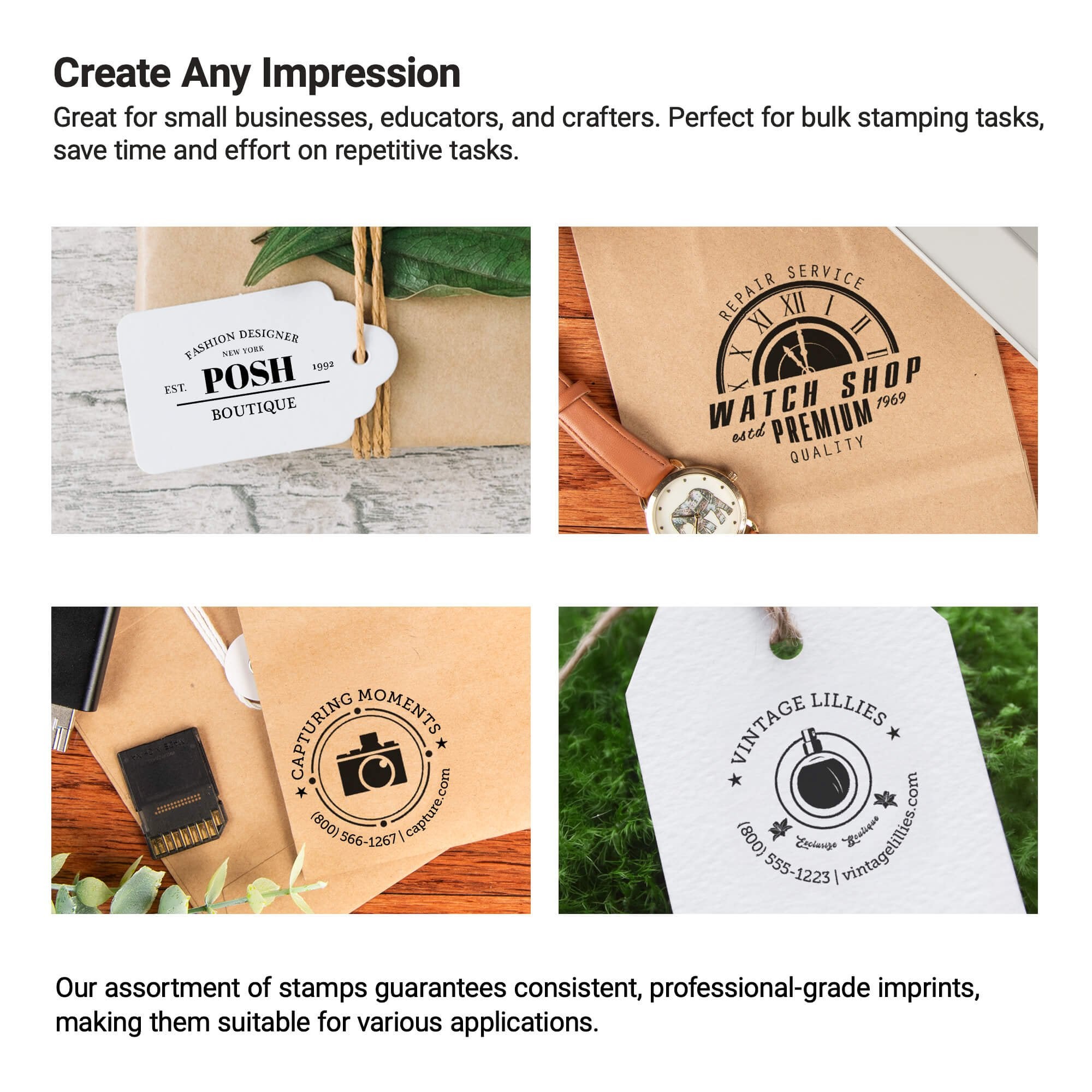 Custom wood handle stamp creating business logo impressions on packaging and stationery